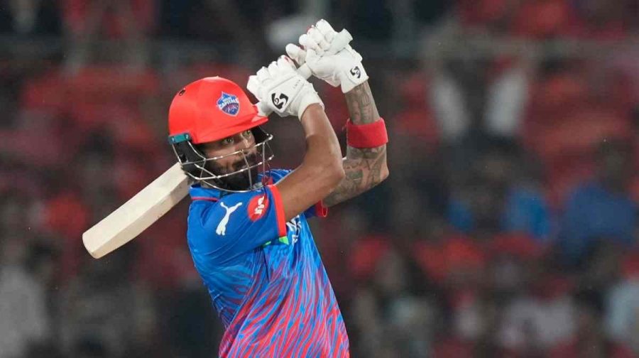 Delhi Capitals' KL Rahul hits a six during the Indian Premier League cricket match between Sunrisers Hyderabad and Delhi Capitals in Hyderabad, India, Tuesday, April 21, 2026. (AP Photo/Mahesh Kumar A.)