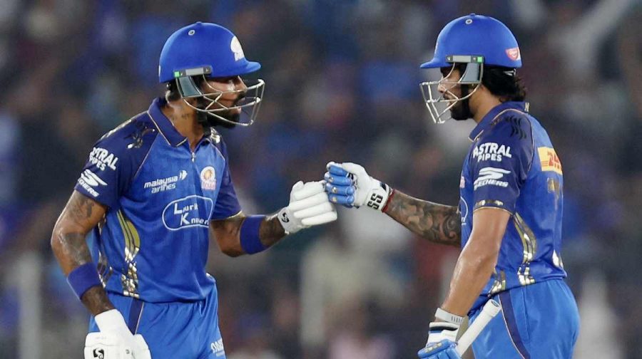 Cricket - Indian Premier League - IPL - Gujarat Titans v Mumbai Indians - Narendra Modi Stadium, Ahmedabad, India - April 20, 2026 
Mumbai Indians' Tilak Varma and Mumbai Indians' Hardik Pandya react REUTERS/Amit Dave