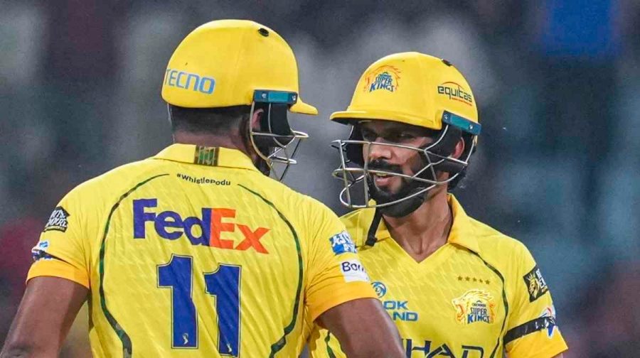 Lucknow: Chennai Super Kings' captain Ruturaj Gaikwad, right, and Sanju Samson interact between the wickets during an Indian Premier League (IPL) 2026 T20 cricket match between Lucknow Super Giants and Chennai Super Kings, in Lucknow, Uttar Pradesh, Friday, May 15, 2026. (PTI Photo/Arun Sharma)(PTI05_15_2026_000274A) *** Local Caption *** 
