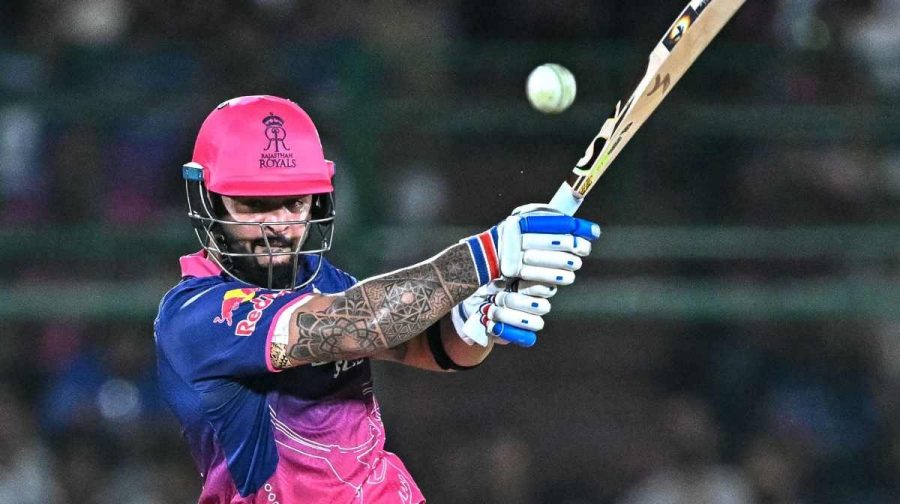 Rajasthan Royals' captain Indian cricket player Riyan Parag plays a shot during the 2026 Indian Premier League (IPL) T20 match between Rajasthan Royals and Delhi Capitals at the Sawai Mansingh Stadium in Jaipur on May 1, 2026. (Photo by Manan VATSYAYANA / AFP) / -- IMAGE RESTRICTED TO EDITORIAL USE - STRICTLY NO COMMERCIAL USE --