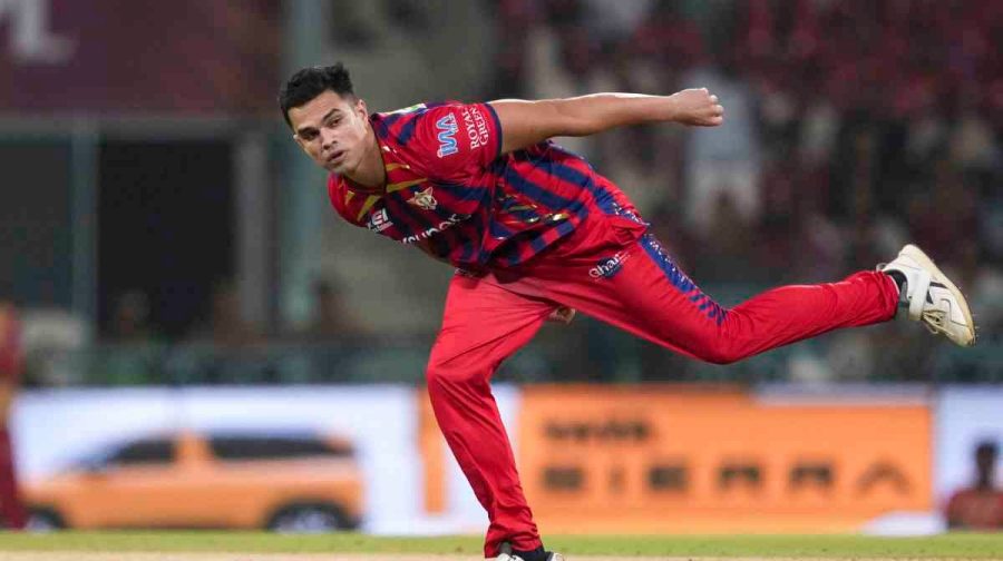 Lucknow: Lucknow Super Giants' Arjun Tendulkar bowls a delivery during an Indian Premier League (IPL) 2026 T20 cricket match between Lucknow Super Giants and Punjab Kings, in Lucknow, Uttar Pradesh, Saturday, May 23, 2026. (PTI Photo/Atul Yadav) (PTI05_23_2026_000618B) *** Local Caption *** 
