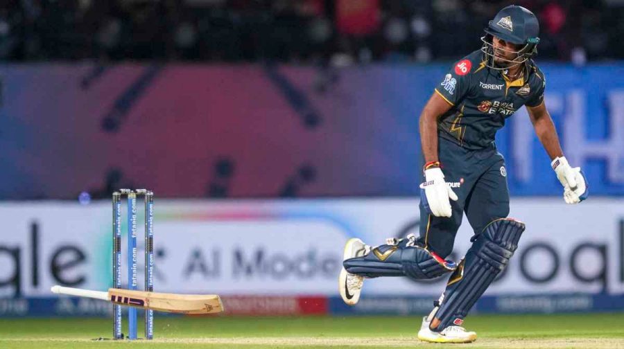 Dharamsala: Gujarat Titans' Sai Sudharsan loses the grip of his bat as he plays a shot, and the bat hit the stumps during the Indian Premier League (IPL) 2026 T20 first qualifier cricket match between Royal Challengers Bengaluru and Gujarat Titans, in Dharamsala, Himachal Pradesh, Tuesday, May 26, 2026. (PTI Photo/Atul Yadav)(PTI05_26_2026_000599A) *** Local Caption ***  