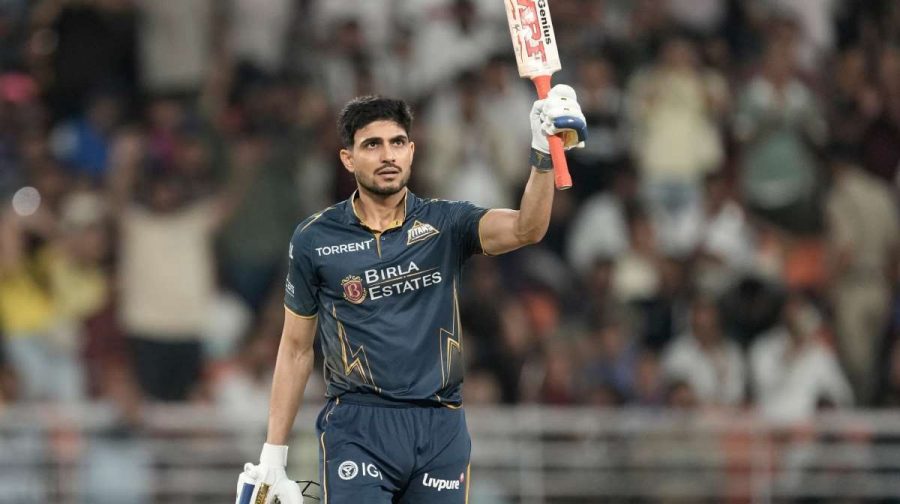 Gujarat Titans' captain Shubman Gill celebrates his century during the Indian Premier League cricket match between Gujarat Titans and Rajasthan Royals in New Chandigarh, India, Friday, May 29, 2026. (AP Photo/Ashwini Bhatia)