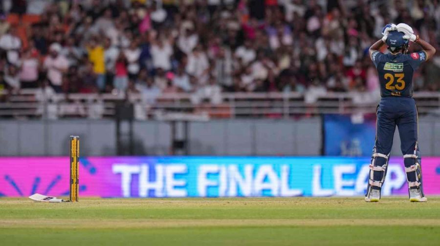 New Chandigarh: Gujarat Titans' Sai Sudharsan reacts after he gets hit wicket during the Indian Premier League (IPL) 2026 Qualifier 2 T20 cricket match between Gujarat Titans and Rajasthan Royals, in New Chandigarh, Friday, May 29, 2026. (PTI Photo/Karma Bhutia) (PTI05_29_2026_000625A) *** Local Caption *** 
