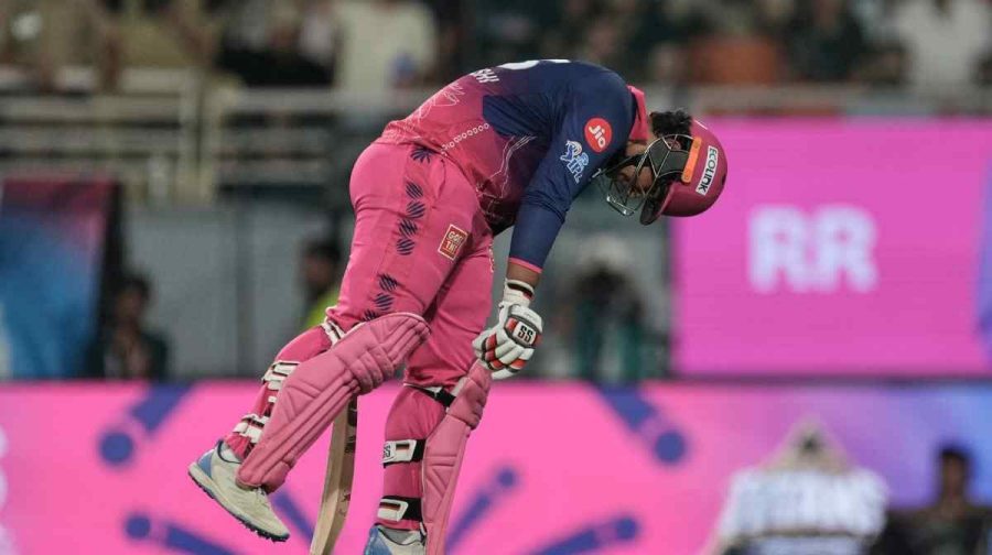 Rajasthan Royals' Vaibhav Sooryavanshi reacts after losing his wicket during the Indian Premier League cricket match between Gujarat Titans and Rajasthan Royals in New Chandigarh, India, Friday, May 29, 2026. (AP Photo/Ashwini Bhatia)