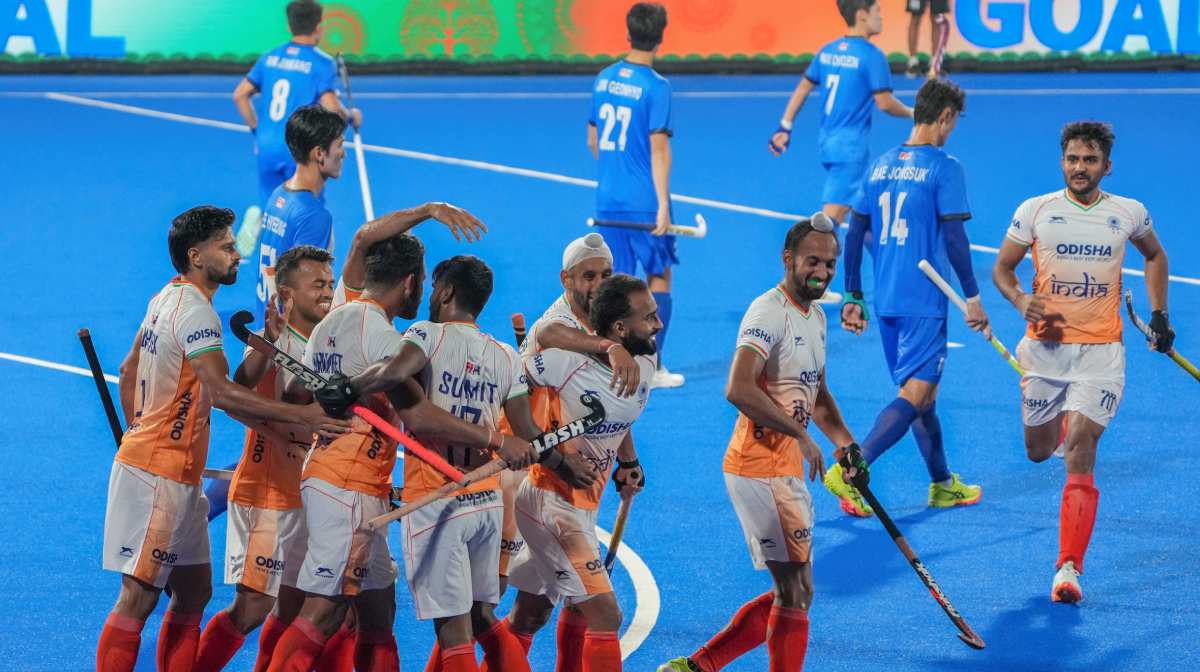 Rajgir: India s players celebrate a goal during a Men's Hockey Asia Cup 2025 match between India and Korea, in Rajgir, Bihar, Sunday, Sept. 7, 2025. (PTI Photo/Swapan Mahapatra) (PTI09_07_2025_000238B)