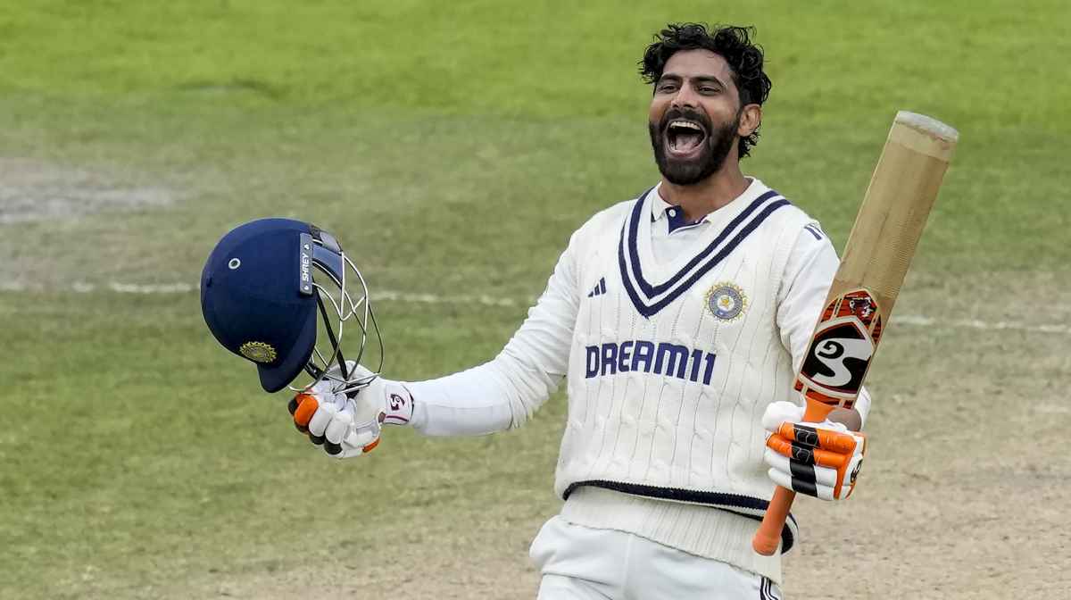 Manchester: India's batter Ravindra Jadeja celebrates his century during the fifth day of the fourth Test match between India and England, at the Old Trafford cricket ground, in Manchester, England, Sunday, July 27, 2025. (PTI Photo/R Senthilkumar)(PTI07_27_2025_000481A)