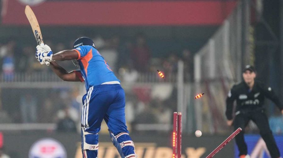 India's Sanju Samson bowled out by New Zealand's Matt Henry during the third T20 cricket match between India and New Zealand in Guwahati, India, Sunday, Jan. 25, 2026. (AP Photo/Anupam Nath)