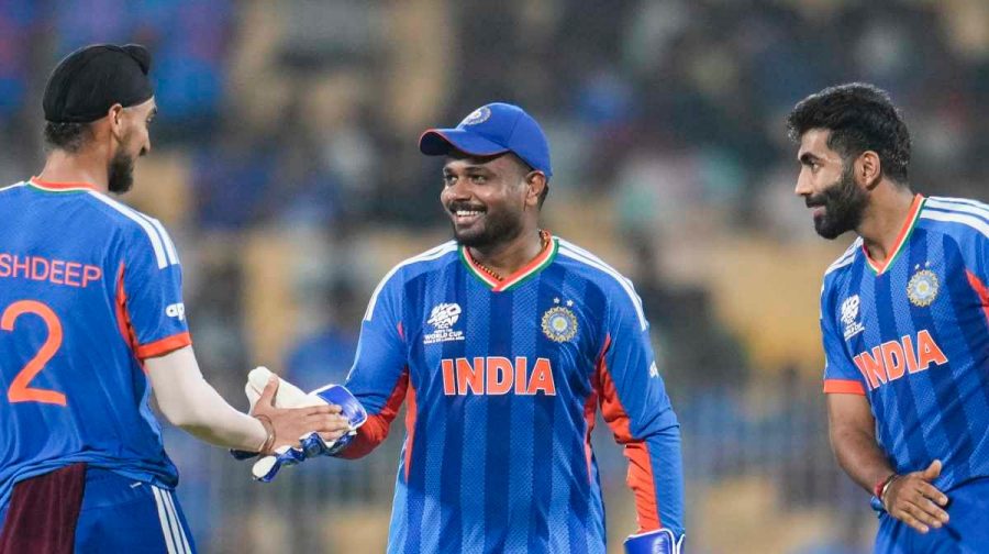 Chennai: From left, India's Arshdeep Singh, wicketkeeper Sanju Samson and Jasprit Bumrah celebrate after winning the ICC Men's T20 World Cup 2026 cricket match between India and Zimbabwe, at the MA Chidambaram Stadium, in Chennai, Thursday, Feb. 26, 2026. (PTI Photo/Ravi Choudhary) (PTI02_26_2026_001047B)