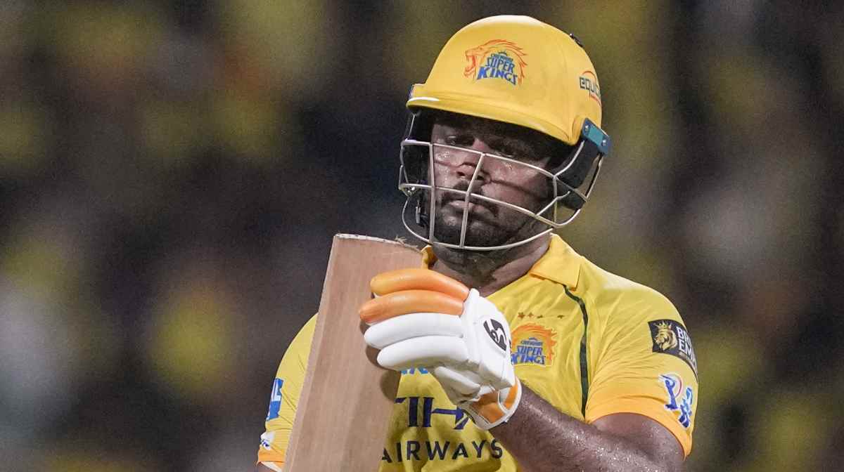 Chennai: Chennai Super Kings' Sanju Samson looks at the toe of his bat during an Indian Premier League (IPL) 2026 T20 cricket match between Chennai Super Kings and Delhi Capitals, in Chennai, Tamil Nadu, Saturday, April 11, 2026. (PTI Photo/R Senthilkumar) (PTI04_11_2026_000653A) *** Local Caption *** 
