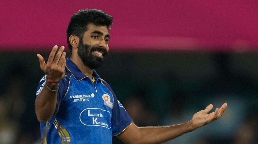 Mumbai Indians' Jasprit Bumrah reacts after bowls a delivery during the Indian Premier League cricket match between Mumbai Indians and Rajasthan Royals in Guwahati, India, Tuesday, April 7, 2026. (AP Photo/Anupam Nath)