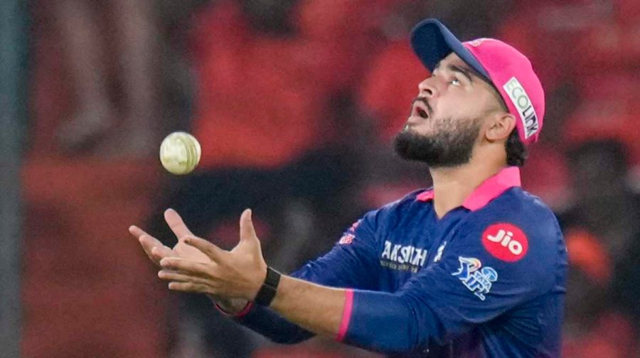Hyderabad: Rajasthan Royals' captain Riyan Parag attempts a catch during the Indian Premier League (IPL) 2026 T20 cricket match between Sunrisers Hyderabad and Rajasthan Royals, at Rajiv Gandhi International Stadium in Hyderabad, Telangana, Monday, April 13, 2026. (PTI Photo/Shahbaz Khan)(PTI04_13_2026_000484B)