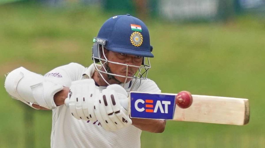 India's Yashasvi Jaiswal plays a shot during day one of the second cricket test match between Sri Lanka and India in Colombo, Sri Lanka, Sunday, Aug. 23, 2026. (AP Photo/Eranga Jayawardena)