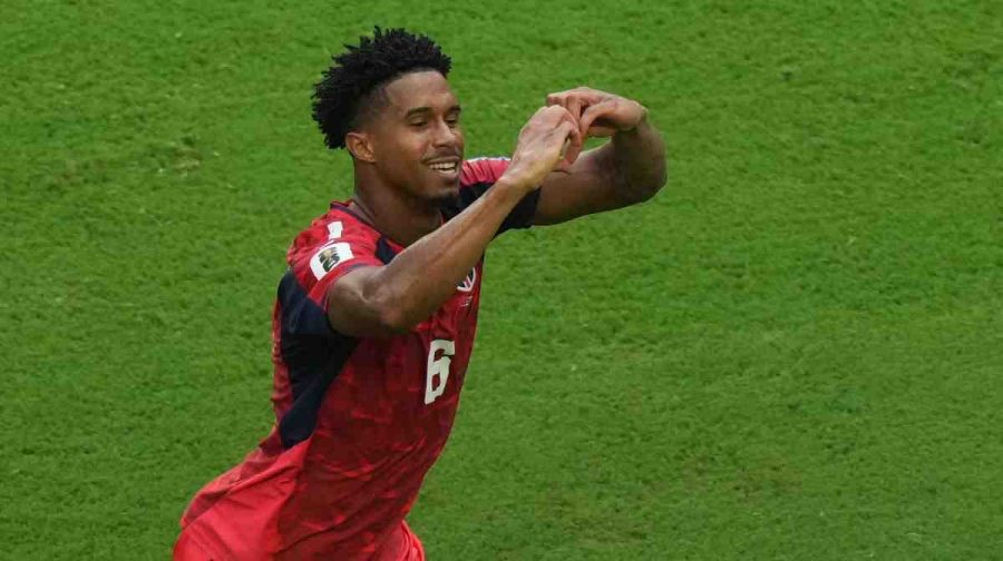 Cape Verde's Kevin Pina celebrates scoring his side's opening goal against Uruguay during the World Cup Group H soccer match in Miami Gardens, Fla., Sunday, June 21, 2026. (AP Photo/Marta Lavandier)