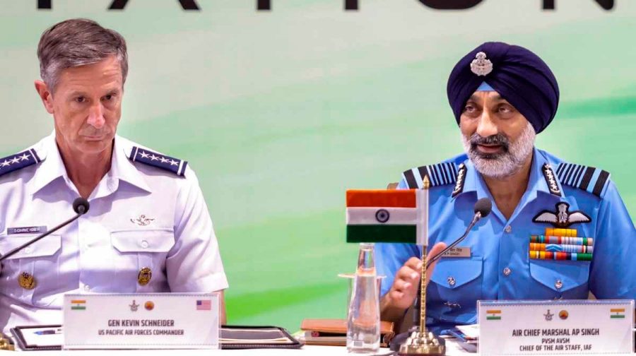 Jodhpur: Chief of the Air Staff Air Chief Marshal AP Singh, centre, US Pacific Air Forces Commander General Kevin Schneider, left, Air and Space Inspector General, FASF, General Stephane Groen during a press conference on the Exercise Tarang Shakti 2026, in Jodhpur, Saturday, Oct. 10, 2026. (PTI Photo)(PTI10_10_2026_000414A)