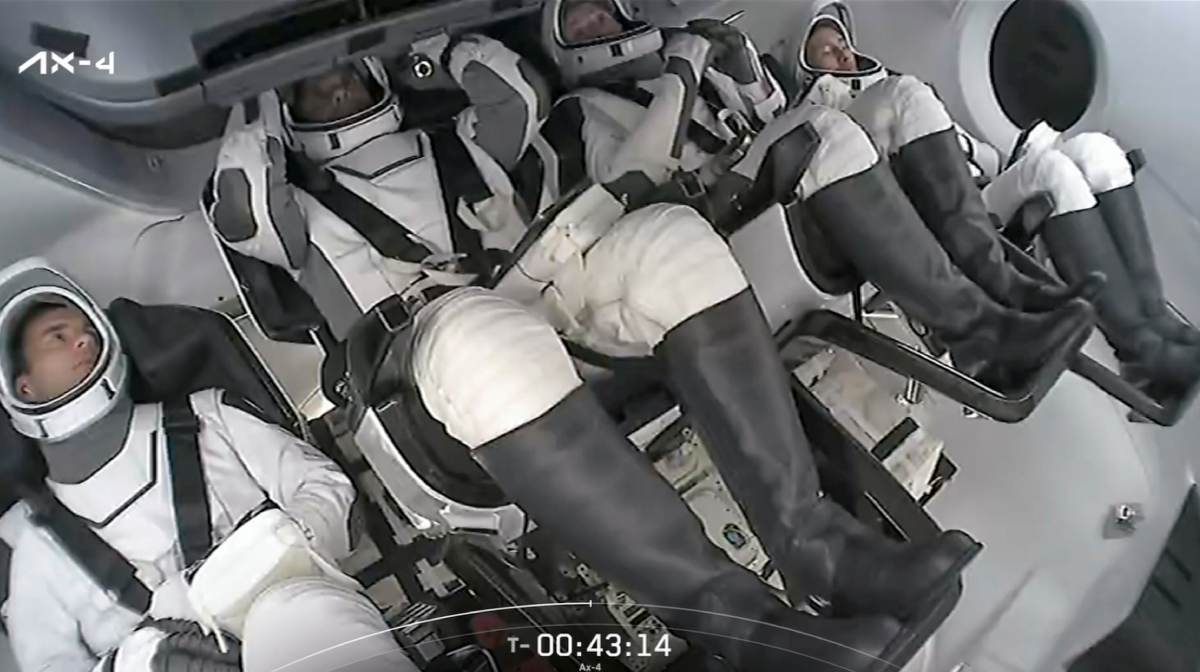 **EDS: THIRD PARTY IMAGE** In this screenshot via @Axiom_Space on X on June 25, 2025, Indian astronaut Shubhanshu Shukla and three others aboard the Dragon spacecraft ahead of the launch of the Axiom Mission 4 to the International Space Station, at the Kennedy Space Centre, in Florida, USA. (@Axiom_Space via PTI Photo)(PTI06_25_2025_000044B)