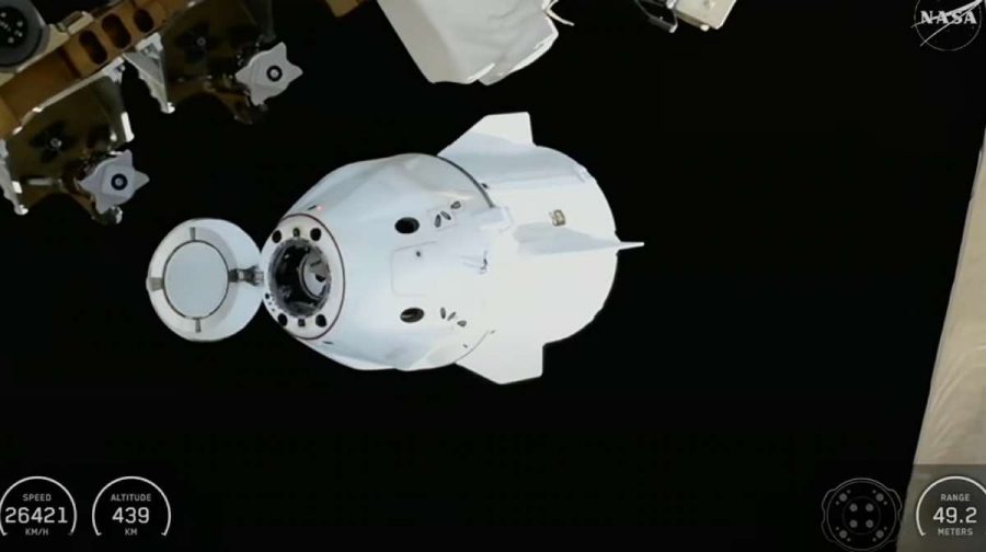 This screengrab from video provided by NASA TV shows the SpaceX Dragon departing from the International Space Station shortly after undocking with four NASA Crew-11 members inside on Wednesday, Jan. 14, 2026. (NASA via AP)