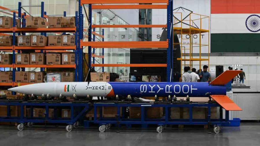 This photograph taken on July 7, 2026 shows a Vikram-S rocket model at Skyroot Aerospace facility on the outskirts of Hyderabad. Skyroot Aerospace is readying the maiden test flight of the country's first privately developed orbital-class rocket before August 4. India currently values its space economy at $8.4 billion, about three percent of the global market, private companies are reshaping India's space ambitions, building rockets and satellites as the country aims to increase that figure fivefold within seven years. (Photo by Noah SEELAM / AFP)