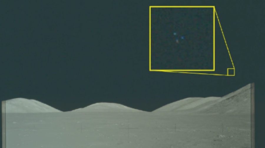 Archival imagery from the Apollo 17 mission to the Moon. The yellow box contains an enlarged area of the original photo in which three lights are visible above the lunar terrain. (Image Credit: war.gov)