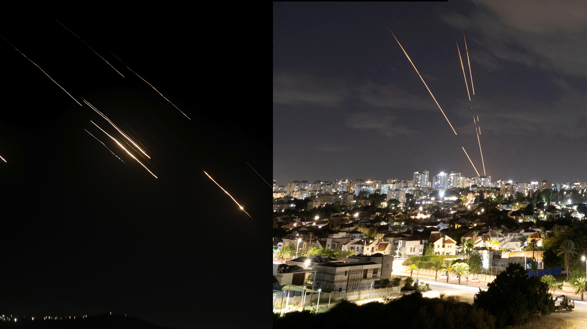 ഇസ്രയേലിലേക്ക് ഇറാന്‍ നടത്തിയ ആക്രമണം (ഇടത്). ഇസ്രയേലിന്‍റെ പ്രതിരോധ സംവിധാനം ഇറാന്‍ മിസൈലുകളെ തകര്‍ക്കുന്നു. 