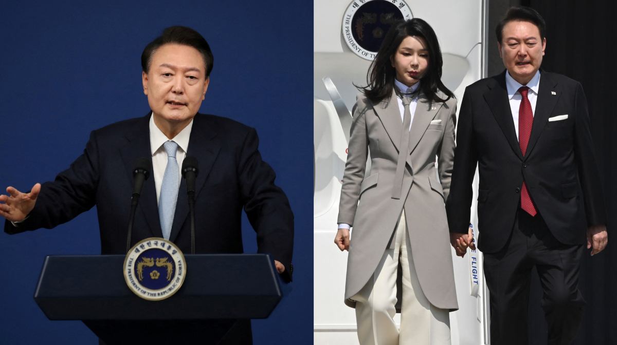 South Korea's President Yoon Suk Yeol (R) and his wife Kim Keon Hee
