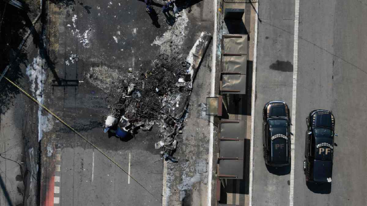 A drone view shows people inspecting the site where a small plane crashed into vehicles on Marques de Sao Vicente Avenue in Sao Paulo, Brazil, February 7, 2025. REUTERS