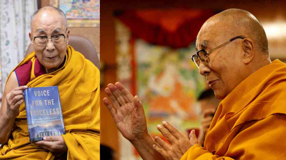 The Dalai Lama poses with his new book "Voice for the Voiceless"