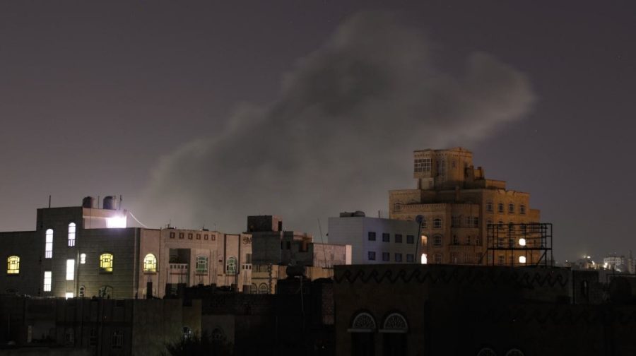 Smoke rises from a location which Houthi rebels said was hit by U.S. airstrikes in Sanaa, Yemen, Saturday, April 19, 2025. AP/PTI(AP04_20_2025_000014B)