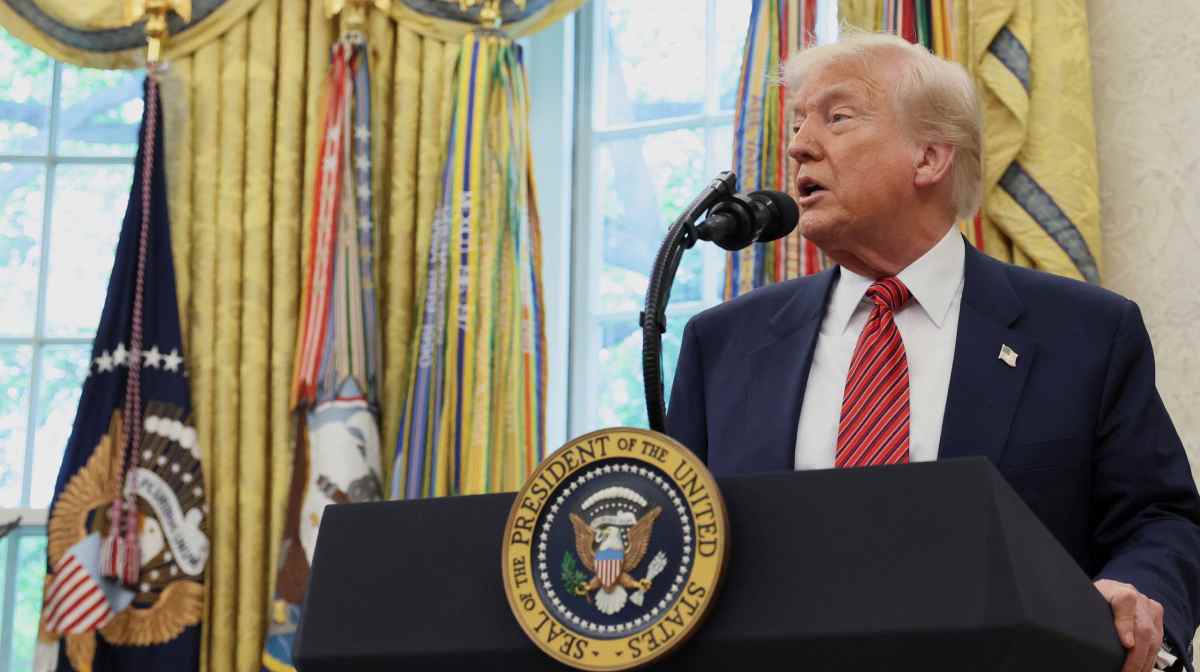 U.S. President Donald Trump takes questions from the media following former U.S. Senator David Perdue's swearing-in ceremony to be the new U.S. ambassador to China, at the White House in Washington, D.C., U.S., May 7, 2025. REUTERS/Leah Millis