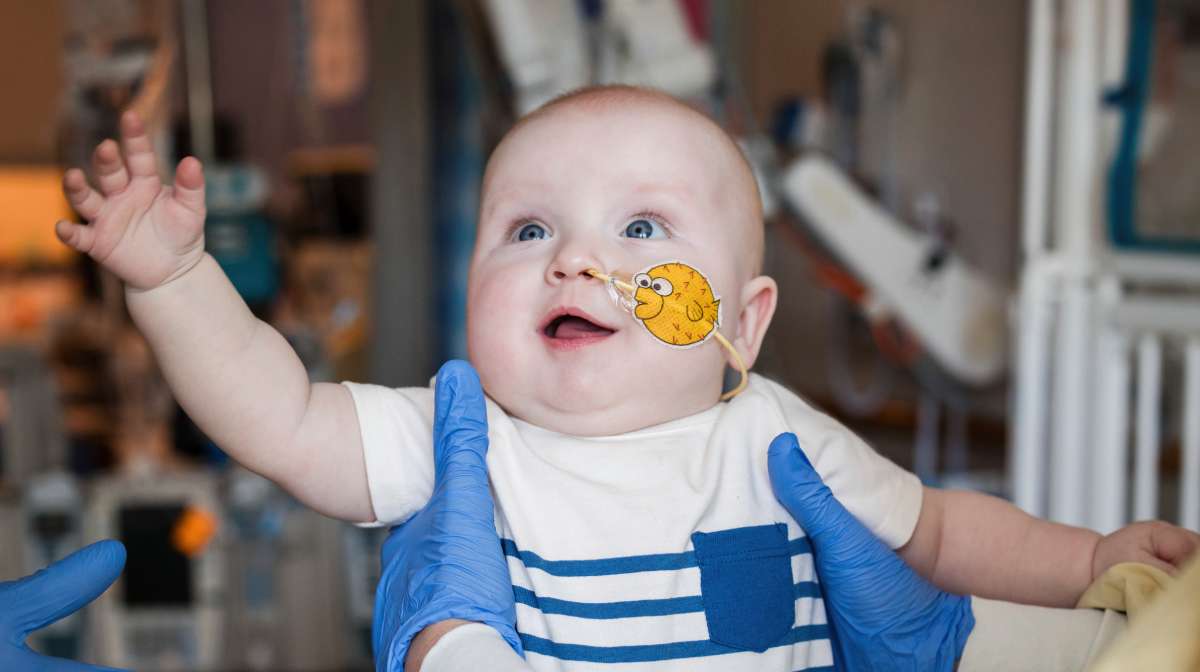 This photo provided by the Children's Hospital of Philadelphia shows KJ Muldoon after a follow up dose of an experimental gene editing treatment at the hospital in April 2025. (Chloe Dawson/Children's Hospital of Philadelphia via AP)