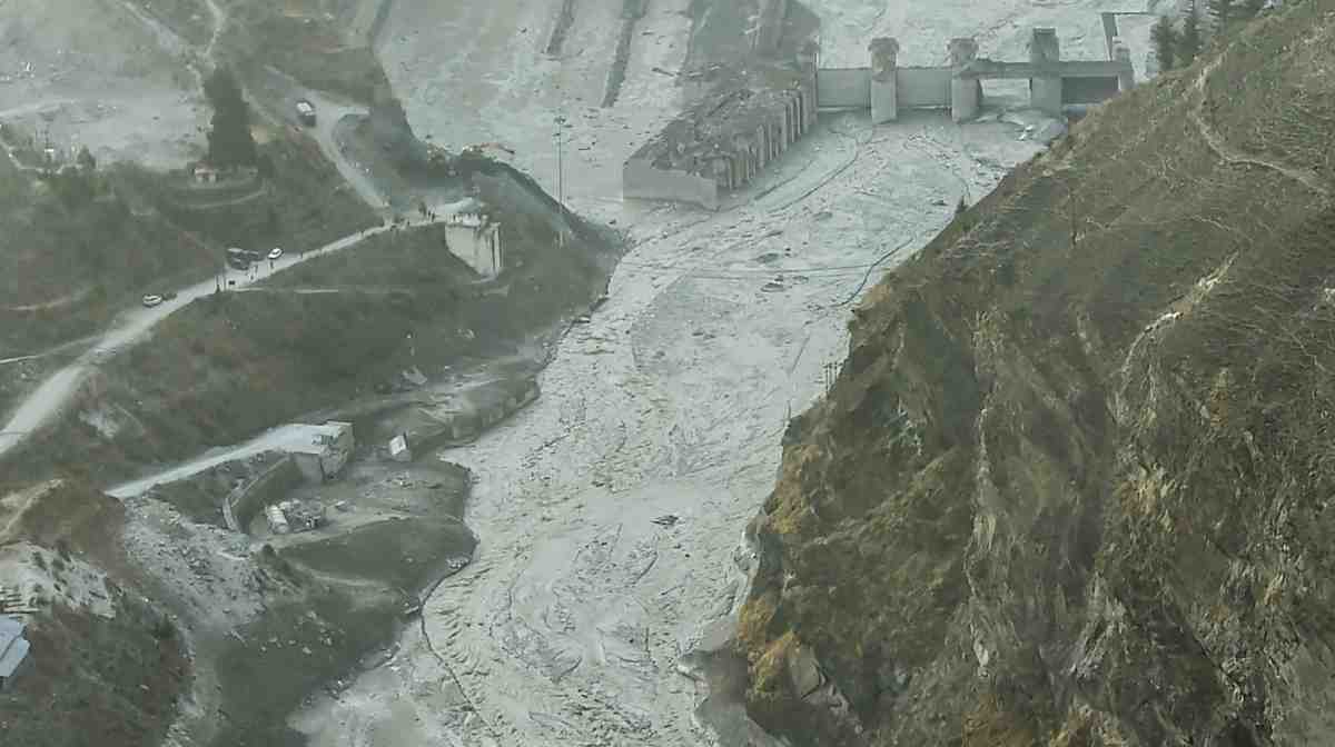 Chamoli: Aerial view shows washed away Tapovan hydel power project plant after Sunday's glacier burst, in Chamoli district of Uttarakhand, Friday, Feb. 12, 2021. Flash floods due to a glacier burst on Feb. 7 at Joshimath have washed away Tapovan hydel project and claimed over 30 lives with several persons still missing. (PTI Photo/Arun Sharma) (PTI02_12_2021_000256A)