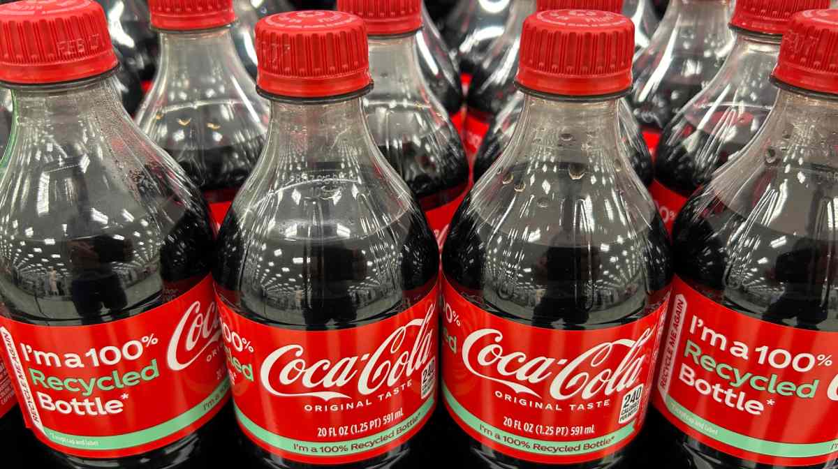Plastic bottles that read 100% Recycled Bottle of Coca-Cola sit on the shelf at a store in Stevensville, Maryland, on March 25, 2025