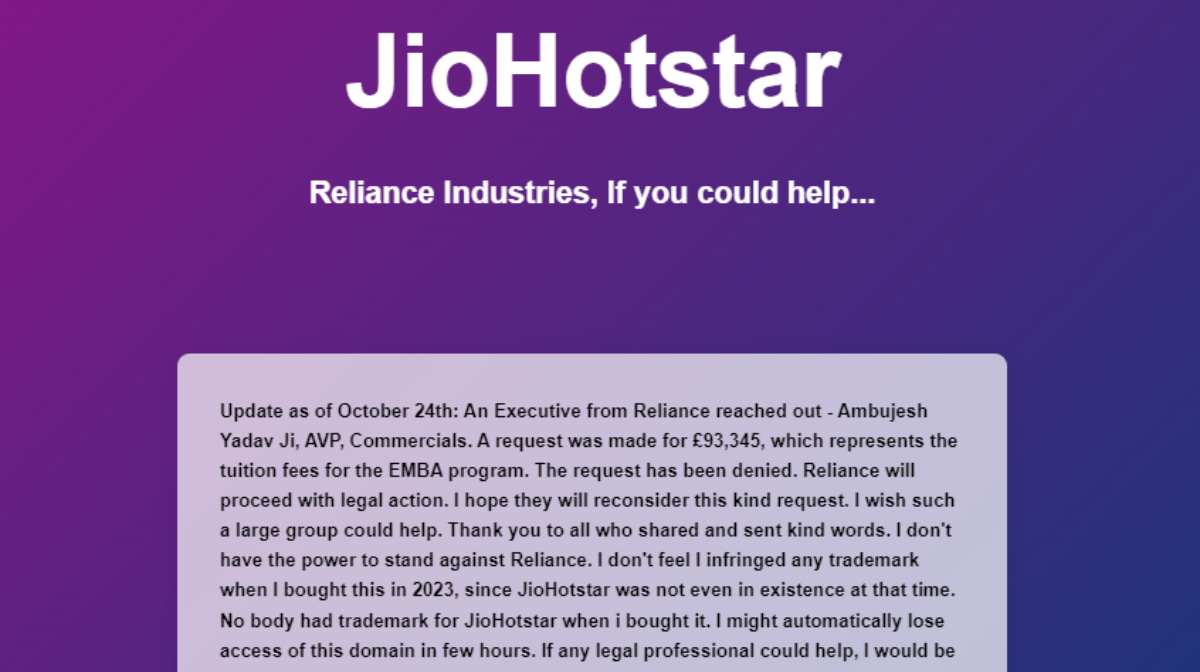 Delhi Techie Seeks ₹1 Crore for JioHotstar Domain Amid Potential Merger with Hotstar