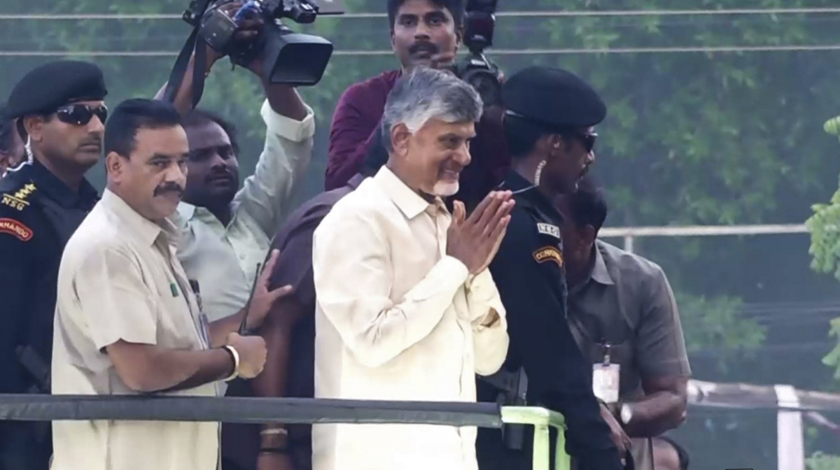 **EDS: SCREENSHOT VIA PTI VIDEO** Guntur: TDP Chief Chandrababu Naidu arrives at party headquarters as his party leads during counting of votes for the Andhra Pradesh Assembly election at Mangalgiri, in Guntur district, Tuesday, June 4, 2024. (PTI Photo)(PTI06_04_2024_000267B)