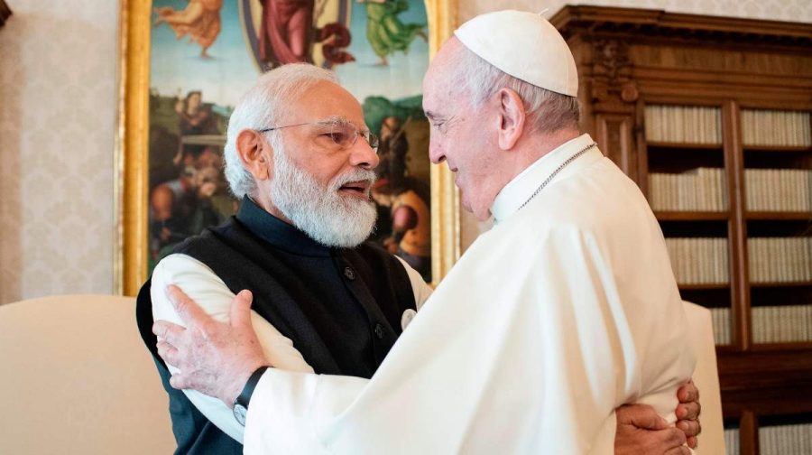Vatican City: India's Prime Minister Narendra Modi, left, and Pope Francis hug on the occasion of their private audience at the Vatican, Saturday, Oct. 30, 2021. Modi is in Rome for the Group of 20 summit. AP/PTI Photo(AP10_30_2021_000110B)