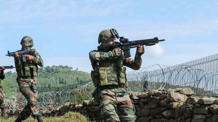 Poonch: Indian army soldiers patrol along the Line of Control (LOC) between India and Pakistan border in Poonch district, Wednesday July 14, 2021. (PTI Photo)(PTI07_15_2021_000047B)