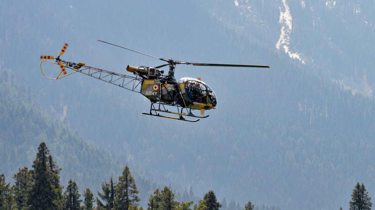 Anantnag: An Indian Army helicopter patrols above Pahalgam, a day after a terror attack, in Anantnag district, Jammu and Kashmir, Wednesday, April 23, 2025. (PTI Photo)(PTI04_23_2025_000271A)