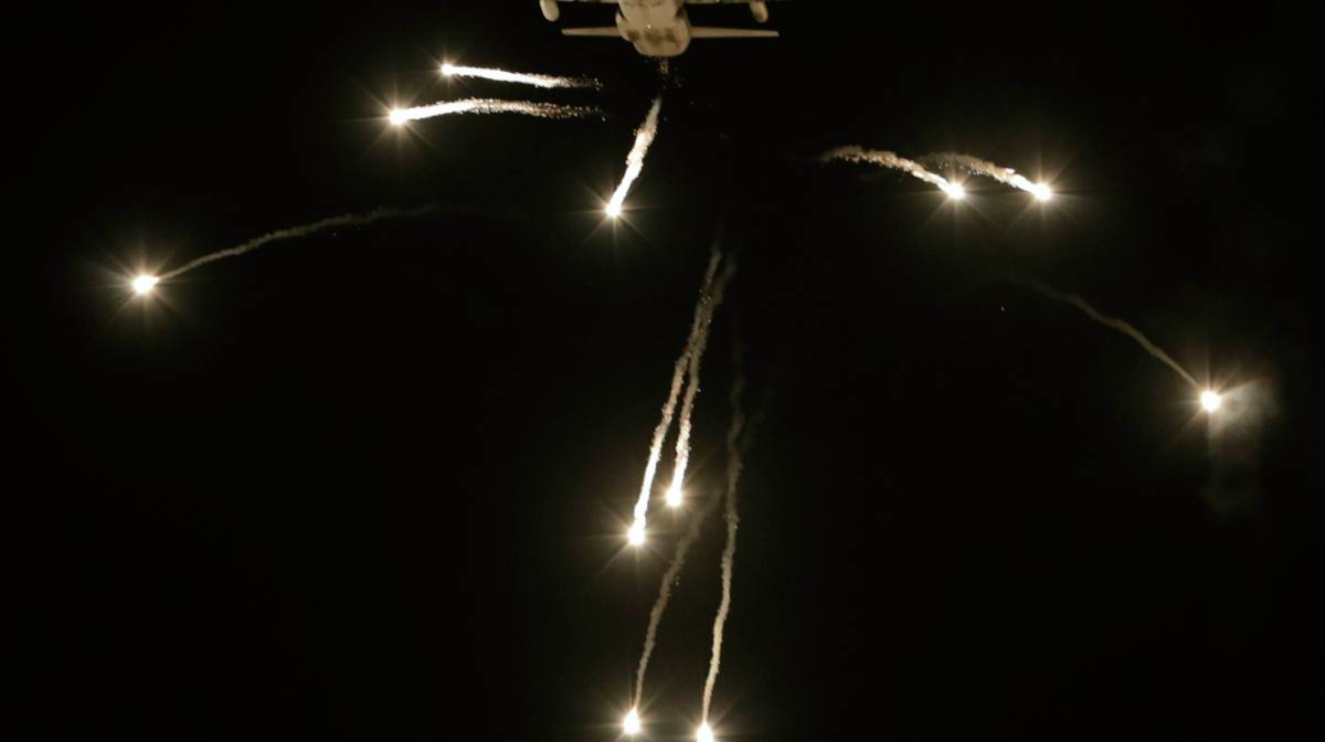 An Indian Air Force C-30J dispenses flares during an air exercise named 'Vayu Shakti-2019', or air power, at Pokhran, in the western Indian state of Rajasthan, Saturday, Feb. 16, 2019. The IAF carried out an exercise near the border with Pakistan, showcasing indigenously-developed Light Combat Aircraft (LCA) Tejas, Advanced Light Helicopter (ALH) , the Akash surface-to-air missile and Astra air-to-air missile, among others.