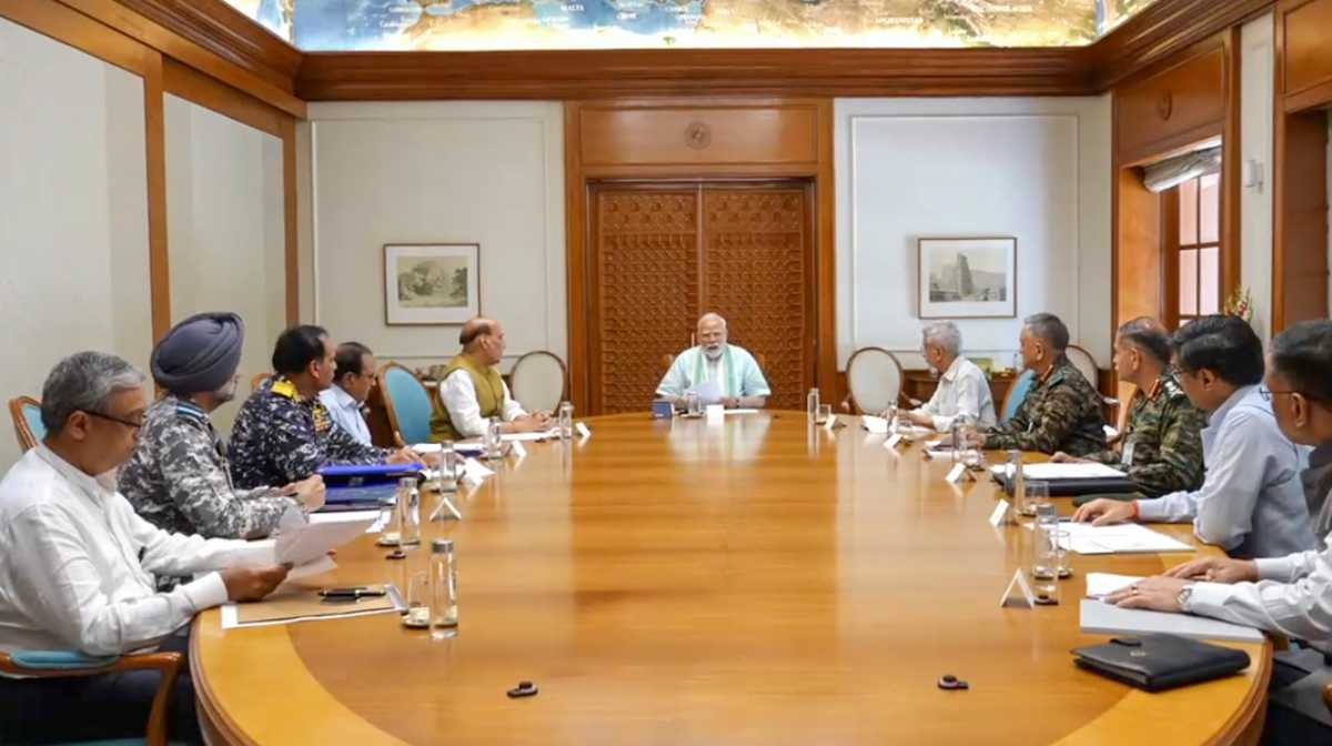 **EDS: THIRD PARTY IMAGE** In this screengrab from a video, Prime Minister Narendra Modi with Defence Minister Rajnath Singh, External Affairs Minister S Jaishankar, National Security Advisor (NSA) Ajit Doval, Chief of Defence Staff General Anil Chauhan, Chief of the Army Staff General Upendra Dwivedi, Chief of the Naval Staff Admiral Dinesh K Tripathi, Chief of the Air Staff Air Chief Marshal AP Singh, and others during a meeting, a day after India and Pakistan reached a bilateral understanding, in New Delhi, Sunday, May 11, 2025. (PTI Photo)  (PTI05_11_2025_000042A)