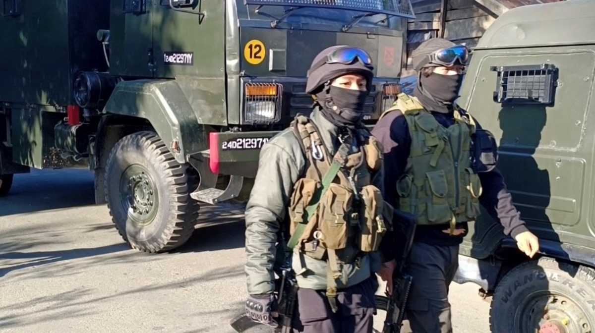 Pulwama: Security personnel undertake a cordon and search operation after getting specific input about the presence of terrorists, at Nader Tral area of Awantipora, in Pulwama district of Jammu and Kashmir, Thursday, May 15, 2025. The search operation turned into an encounter after the terrorists fired upon the forces, who retaliated. (PTI Photo)(PTI05_15_2025_000015B)