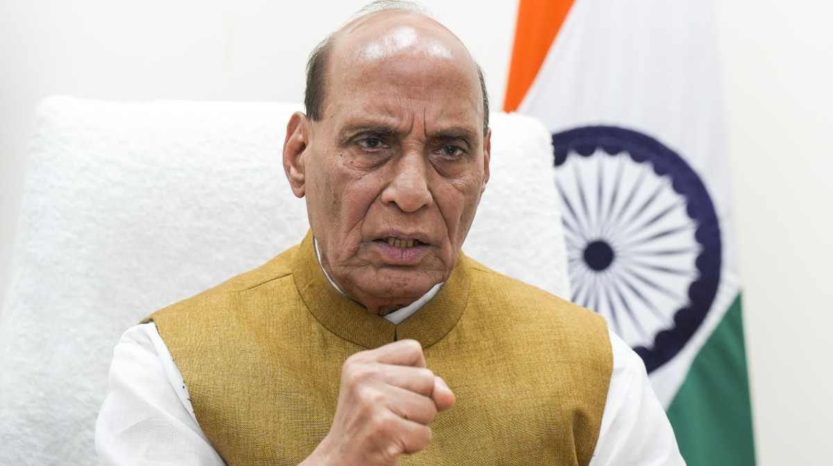 New Delhi: Defence Minister Rajnath Singh speaks during the virtual inauguration of the BrahMos Aerospace Integration and Testing Facility, as part of an event held in Lucknow, in New Delhi, Sunday, May 11, 2025. (PTI Photo/Manvender Vashist Lav)(PTI05_11_2025_000119A)