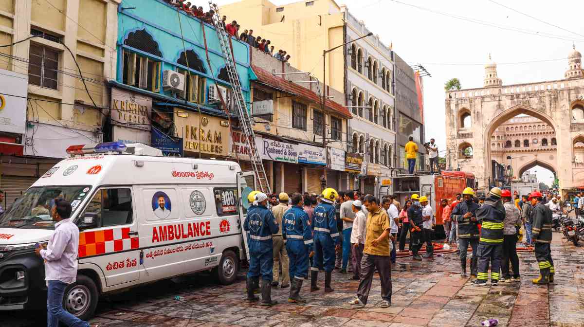 Hyderabad: Firefighters at work after a fire broke out in a building near Gulzar Houz in the Old City area of Hyderabad in Telangana, Sunday, May 18, 2025. At least eight people lost their lives and several others injured in the tragic incident. (PTI Photo) (PTI05_18_2025_000088B) *** Local Caption ***  