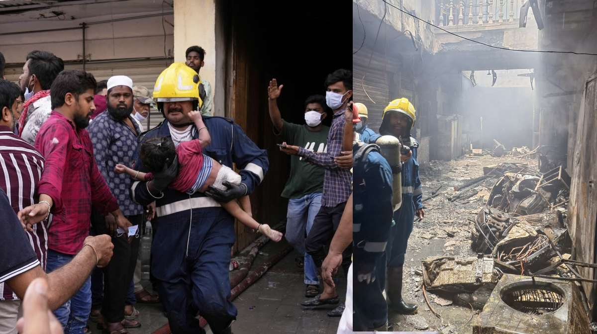 Image 1. A young child, who was injured when a building caught fire near the Charminar area in Hyderabad, is carried by a rescuer to an ambulance. 