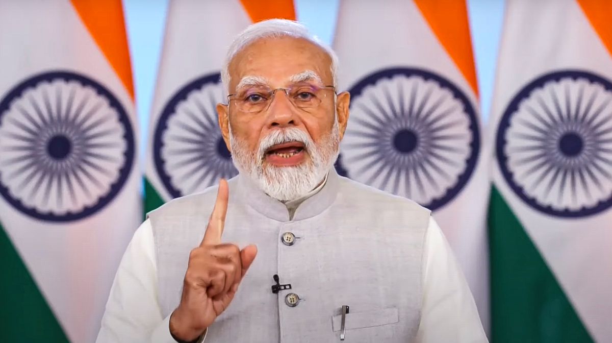 **EDS: THIRD PARTY IMAGE** In this screenshot from @NarendraModi via Youtube on May 7, 2025, Prime Minister Narendra Modi addresses the Global Conference on Space Exploration via video conferencing.(@NarendraModi/Youtube via PTI Photo) (PTI05_07_2025_000168B)