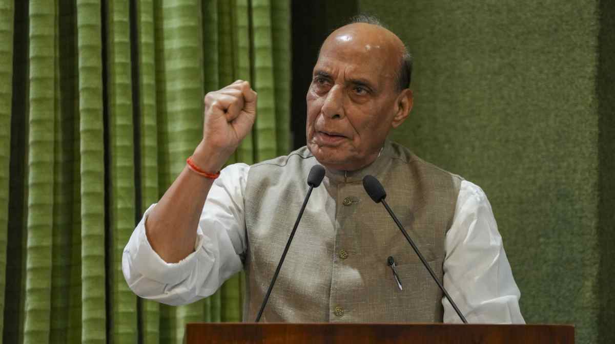 Union Defence Minister Rajnath Singh addresses the Border Roads Organisation's Raising Day ceremony at Manekshaw Centre in New Delhi (PTI Photo/Vijay Varma)