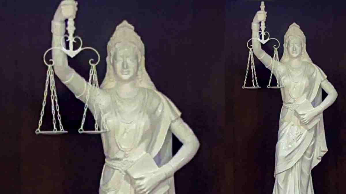 Recent photo of Lady Justice statue with its blindfold removed and a copy of the Constitution of India placed in her hand, is seen at the Supreme Court in New Delhi.