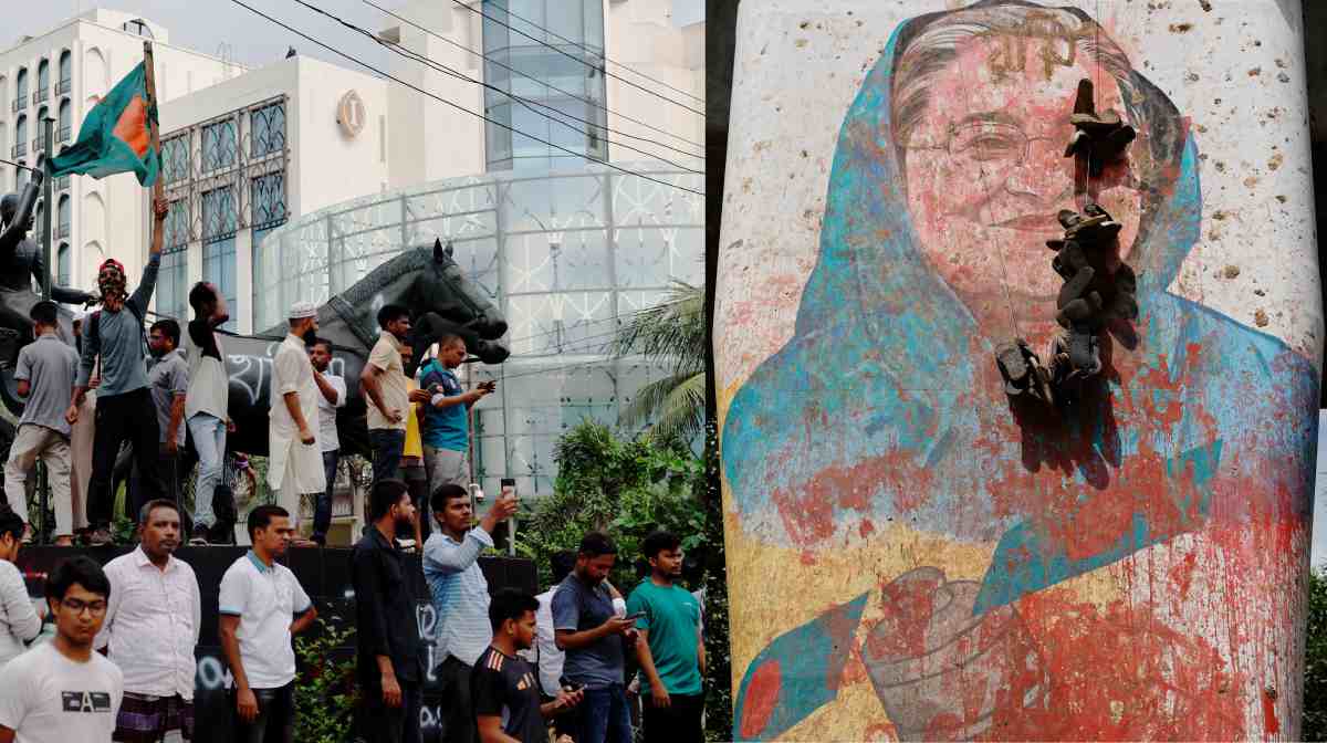 ഷെയ്ഖ് ഹസീനയുടെ രാജിയിൽ ധാക്കയിൽ ആഹ്ലാദം പ്രകടിപ്പിക്കുന്ന സമരക്കാർ. പ്രതിഷേധക്കാർ തകർത്ത ഷെയ്ഖ് ഹസീനയുടെ ചിത്രം. 