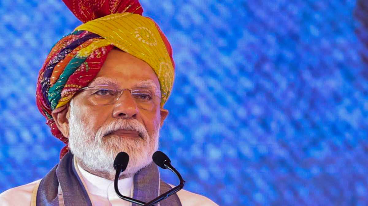 **EDS: THIRD PARTY IMAGE** In this image via PMO on Monday, April 14, 2025, Prime Minister Narendra Modi addresses a public meeting, in Hisar, Haryana. PM Modi laid the foundation stone of new terminal building of Hisar airport and flagged off a commercial flight from Hisar to Ayodhya. (PMO via PTI Photo)(PTI04_14_2025_000111B)
