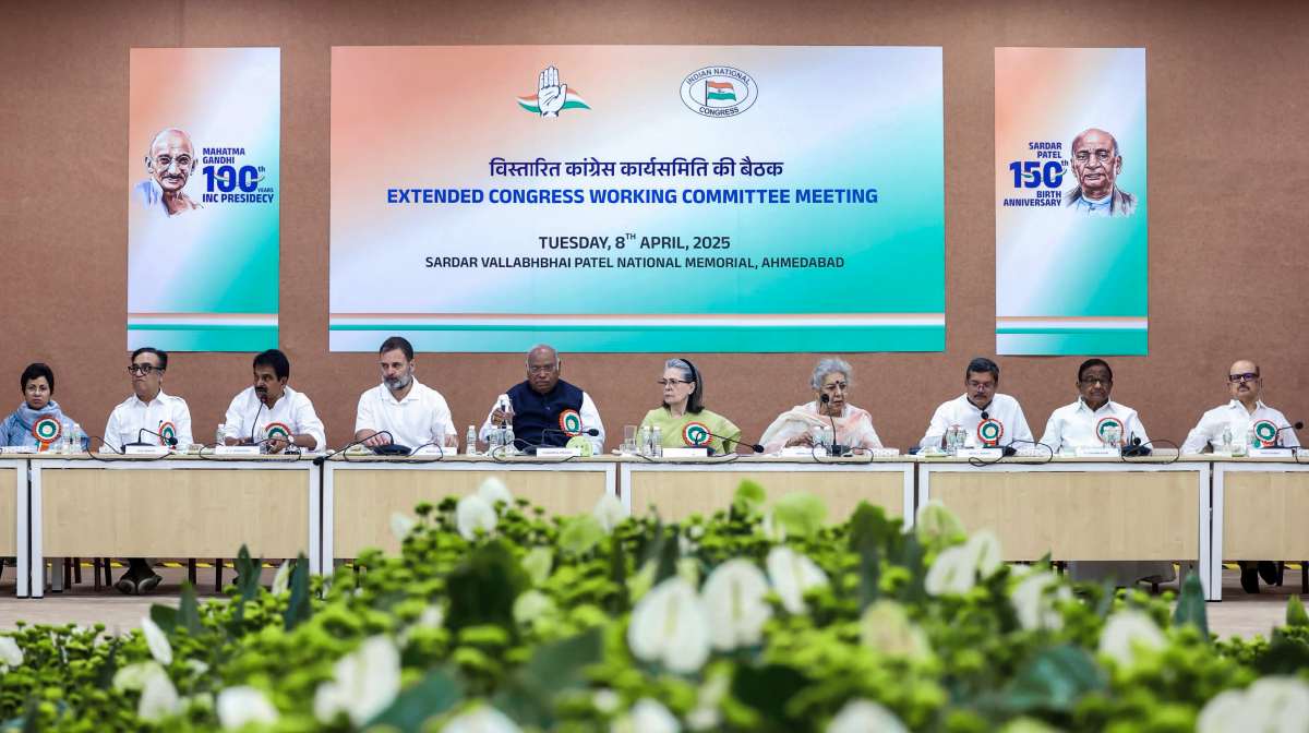 Congress President Mallikarjun Kharge, Lok Sabha LoP and party MP Rahul Gandhi, party Parliamentary Chairperson Sonia Gandhi, Party General Secretary (Organization) KC Venugopal, party leaders P. Chidambaram, Ajay Maken, Ambika Soni, Selja Kumari and other during the extended Congress Working Committee (CWC) meeting, in Ahmedabad on Tuesday. (ANI Photo)