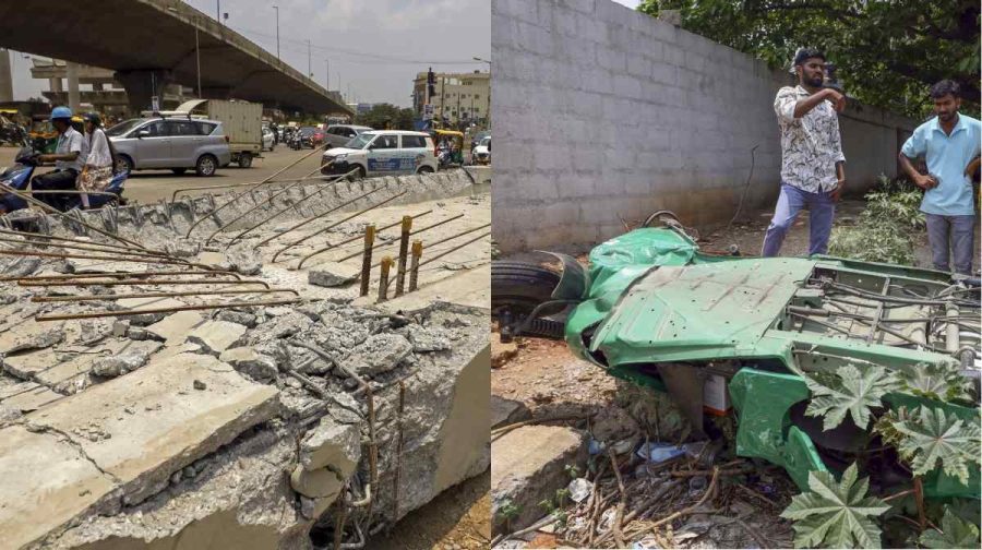 The concrete pillar of the Namma Metro collapsed, in Bengaluru, Wednesday, April 16, 2025. An auto-driver was killed as its debris fell on his auto-rickshaw. (PTI Photo)